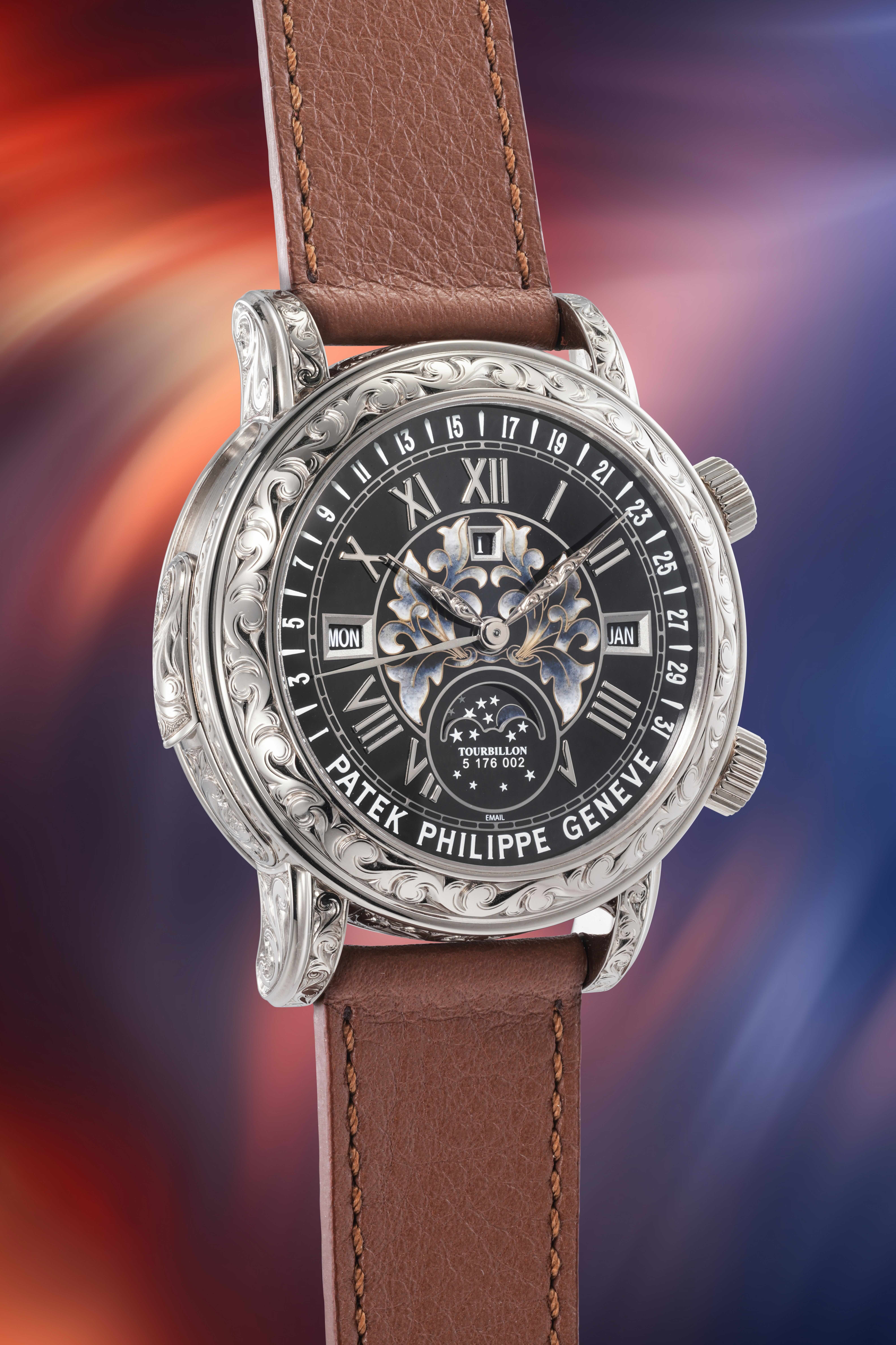 Patek Philippe Ref. 6002G-010 Sky Moon Tourbillon 2018   Estimate: CHF2,000,000–4,000,000 (US$2,540,000–5,080,000)  SOLD FOR CHF3,242,000 (US$4,172,454)   The Geneva Watch Auction: XXIII 9-10 May 2026