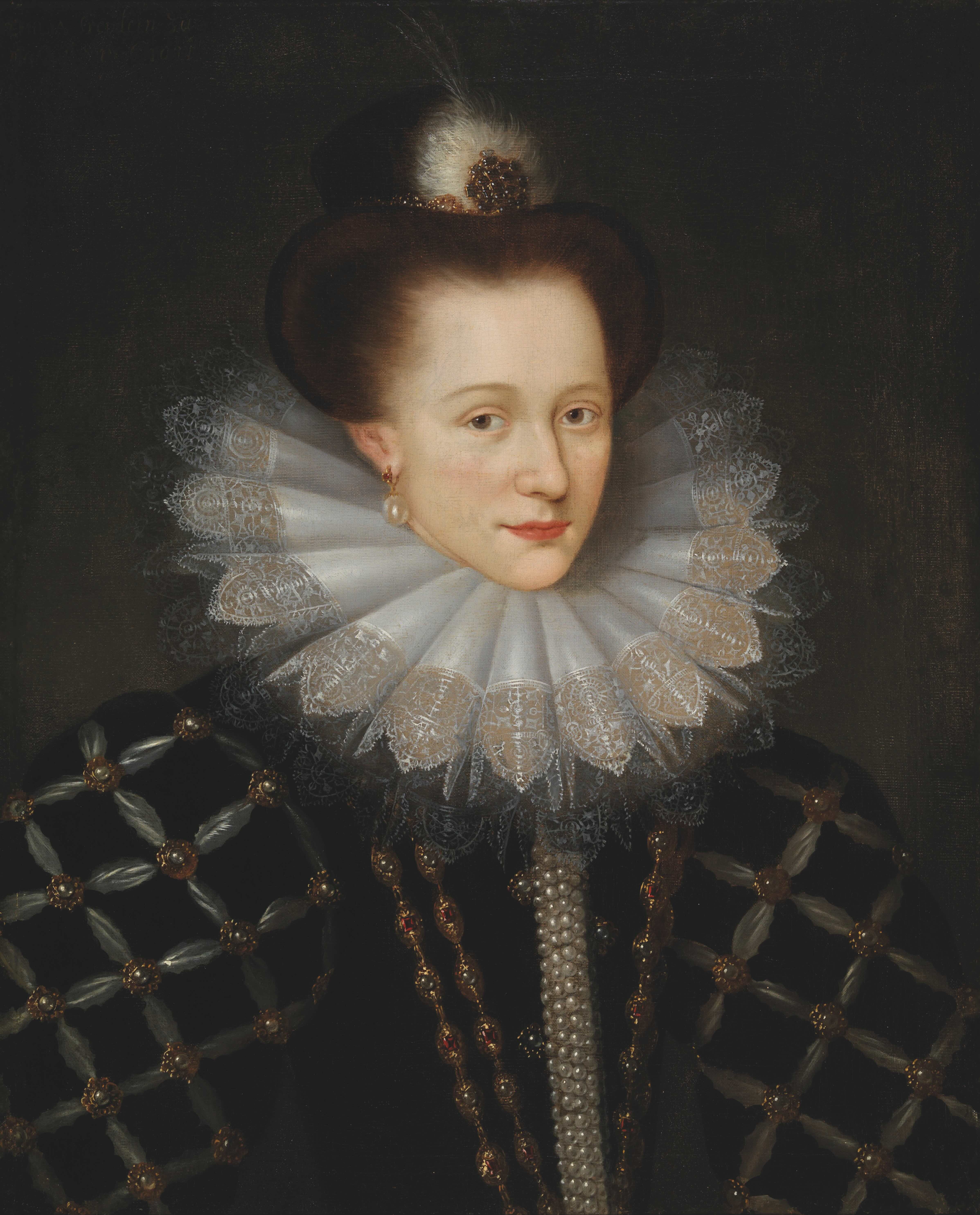 Daniël van den Queborn, Emilia, prinses van Oranje, prinses van Portugal, met witte kanten plooikraag, ca. 1593. Collectie Paleis Het Loo. Langdurig bruikleen Geschiedkundige Vereniging Oranje-Nassau