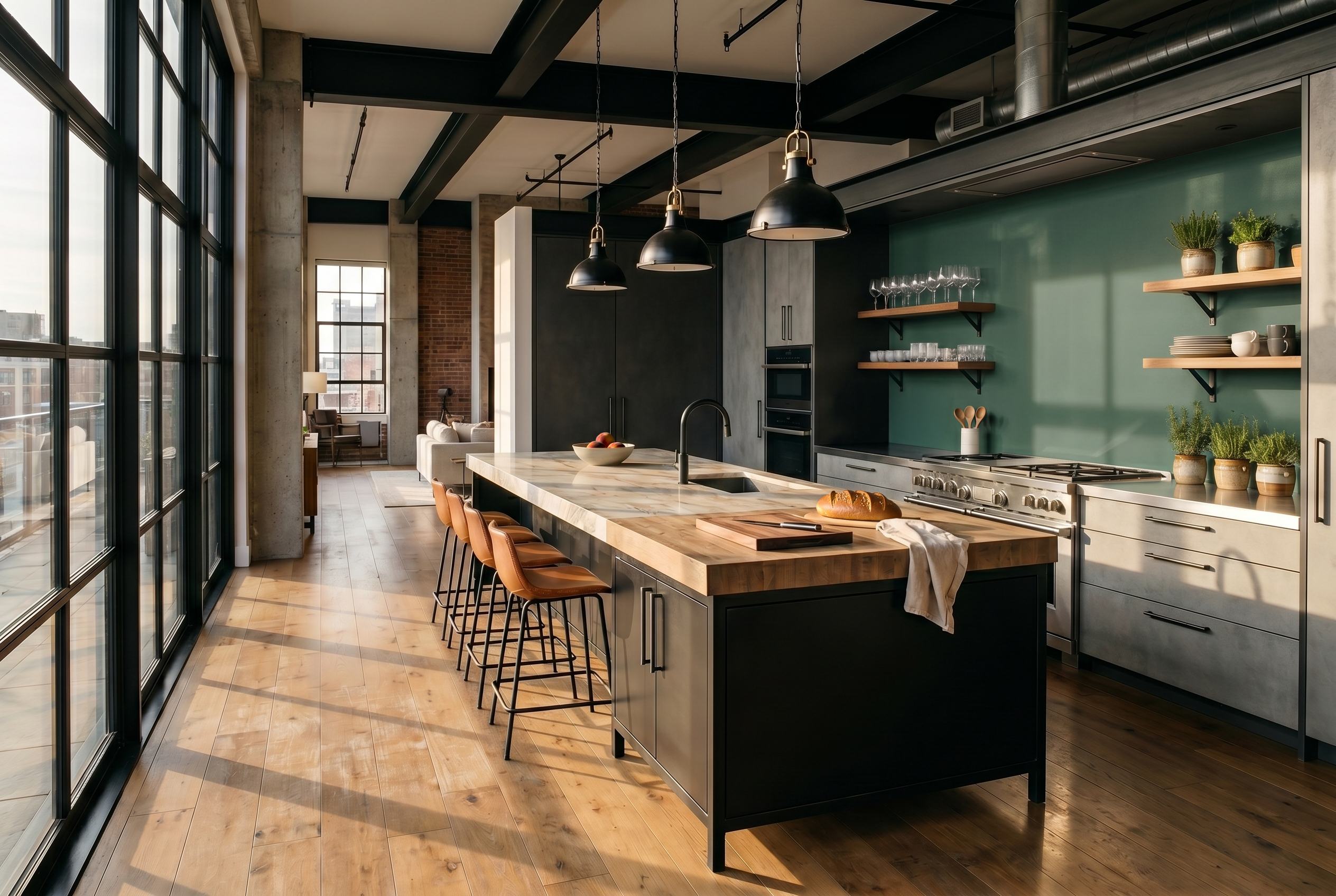 Keukenstijl Industrieel met Bokmerk keukenachterwand in de kleur Emerald 3