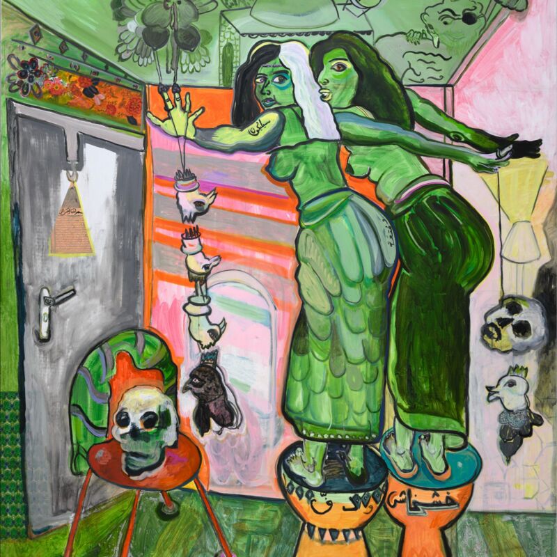Mounira Al Solh, Silicone, Poppies and a Couple of Invisible Deffs (detail)., 2022, olieverf en collage op doek, 235 x 206 cm Collectie Bonnefanten, verworven met steun van de VriendenLoterij