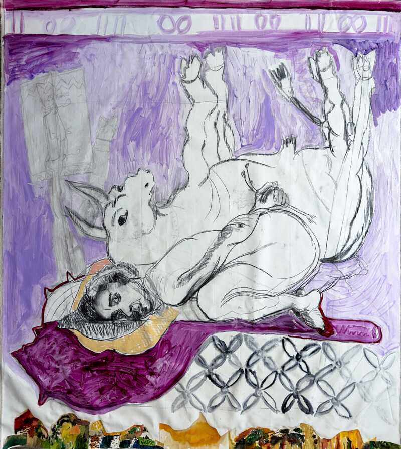 Mounira Al Solh, A Dance with her Myth, 2024. Charcoal collage and oil paint on canvas. Collectie Bonnefanten ©PeterCox