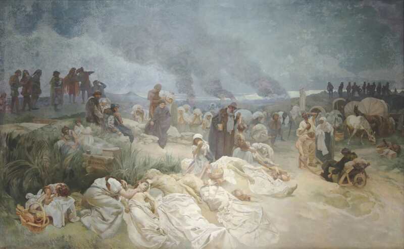 Linksboven Alphonse Mucha, Petr Chelčický at Vodňany: Do Not Repay Evil with Evil, uit het Slavisch Epos, 1918, © Mucha Foundation
