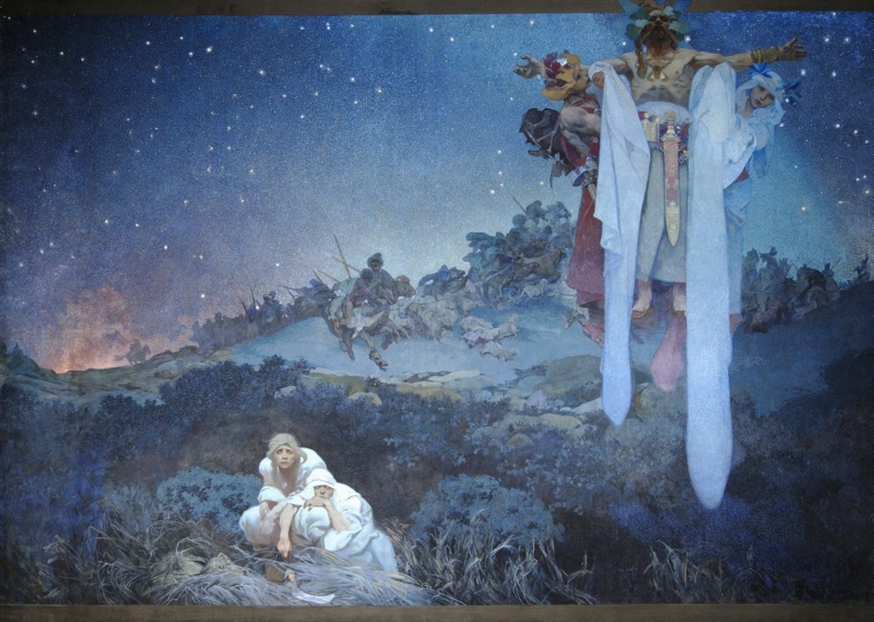 Alphonse Mucha, Het Slavische volk en hun oorspronkelijke thuisland: Tussen de Turaanse gesel en het zwaard van de Goten, uit het Slavisch Epos, 1912, eitempera op doek © Mucha Foundation. 