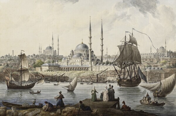 Jean-Baptiste Hilaire, Yeni Camii and The Port of Istanbul (1776), Collectie Pera Museum Istanboe
