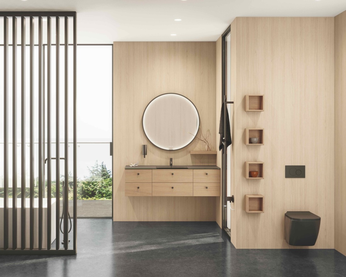 Creëer een  Japandi-look  in je bad­- kamer met  licht eiken­fineer en  zwarte  accessoires - Dansant