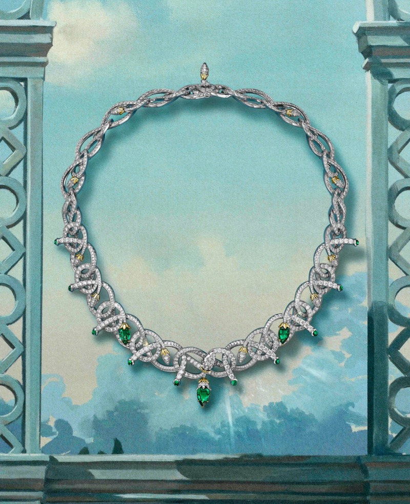 Tiffany & Co. Twin Bud Unenhanced Emerald Necklace Necklace in platinum and 18k yellow gold with three unenhanced pear-shaped emeralds of 3.97 total carats, oval cabochon emerald accents and diamonds