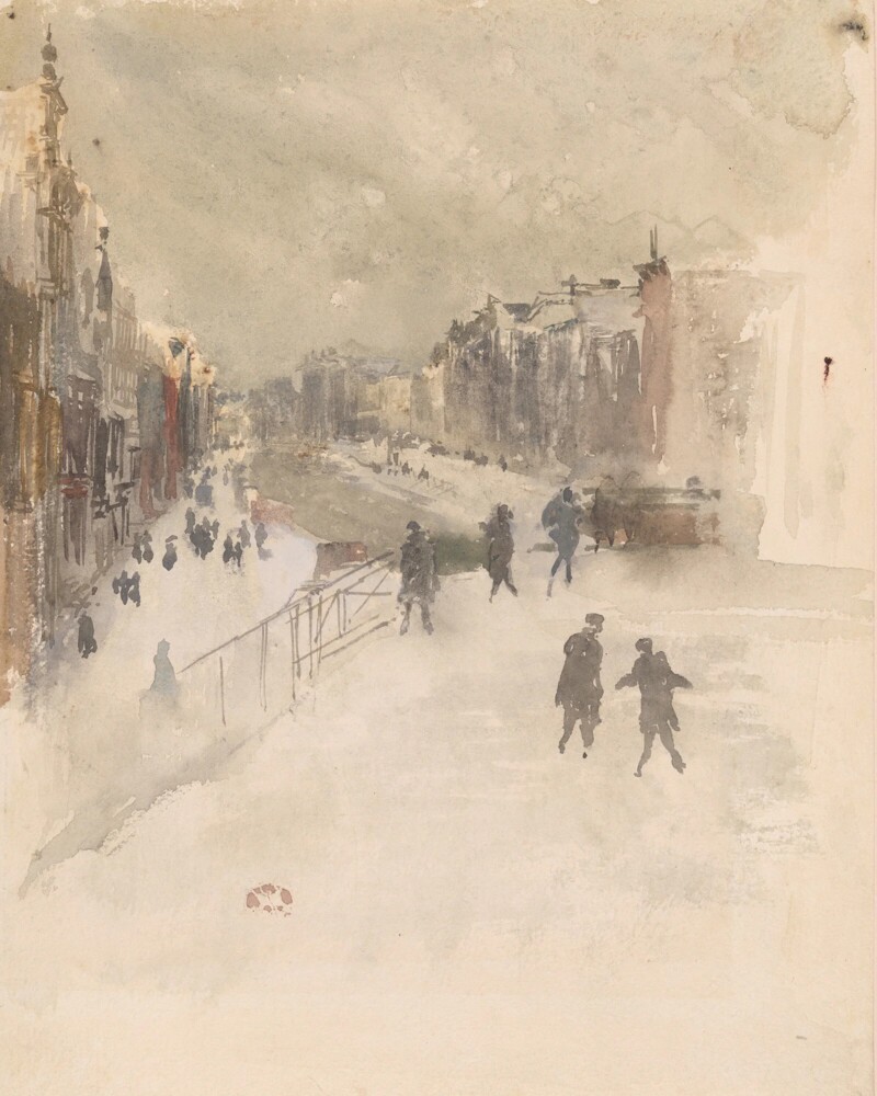 James McNeill Whistler, Sneeuw, Amsterdam, 1882, waterverf op papier, 28,6 × 22,8 cm, privécollectie James McNeill Whistler, Sneeuw, Amsterdam, 1882, waterverf op papier, 28,6 × 22,8 cm, privécollectie