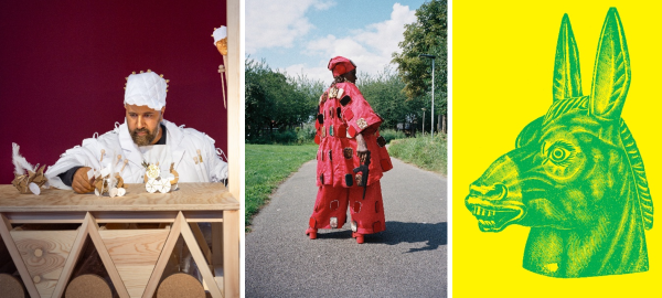 Links: kunstenaar Yasser Ballemans bij zijn mobiele carnavals atelier, foto door Robin Meyer, midden: campagnebeeld Parade, foto door Vincen Beeckman, rechts: campagnebeeld elf - Cult & Carnaval, 2026, Erik Kessels