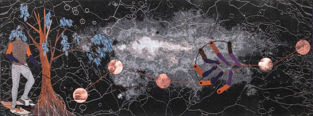 Otobong Nkanga, Double Plot, 2018, woven textile (viscose, polyester, organic cotton, cashwool, acryl), inkjet prints on laser-cut forex plates, 265 x 770 cm. Courtesy the artist